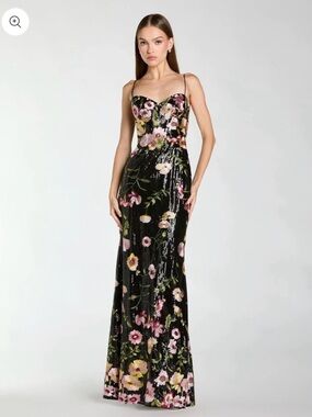 Mac Duggal Black Sequin Maxi Dress with Pink and Yellow Floral Embroidery
